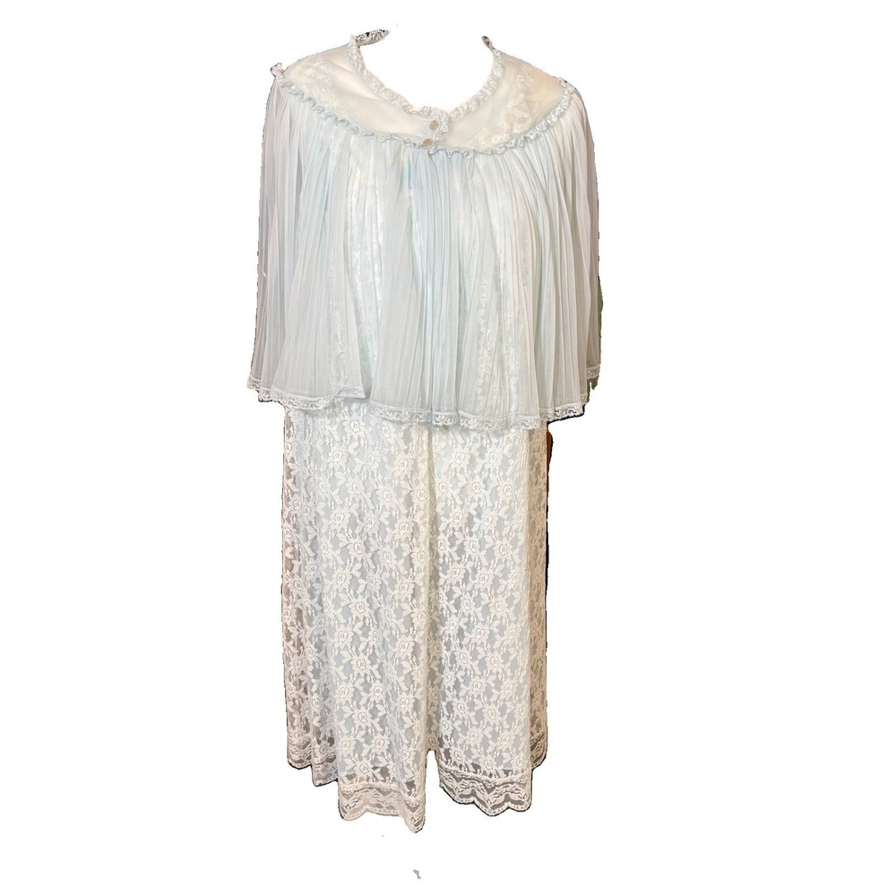Vintage 50s Miss Siren Blue Lace Peignoir Set Nightgown Robe Floral Size Large